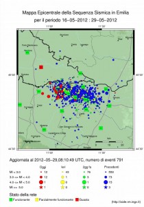 La mappa dei terremoti in Emilia dal 16 maggio ad oggi (Fonte: Istituto Nazionale di Geofisica e Vulcanologia)