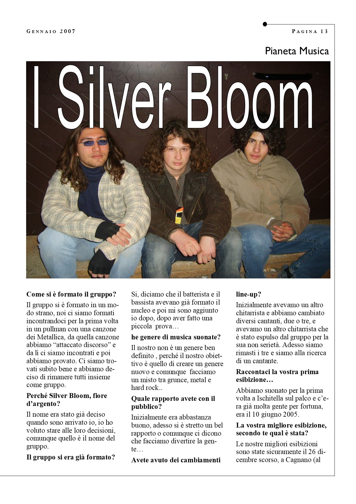 Fabio D’Errico con i Silver Bloom in un articolo di Schiamazzi del 2007